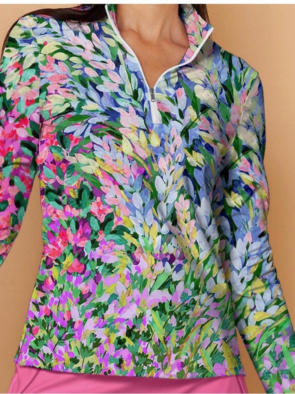 Floral Quarter-Zip Long Sleeve Top - Multicolor